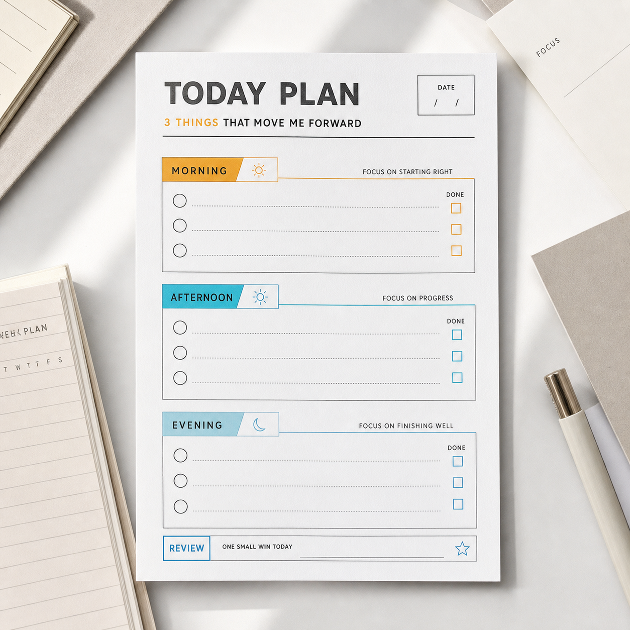 Daily plan card mockup with three clear time blocks, calm paper surface, and amber and cyan accents.