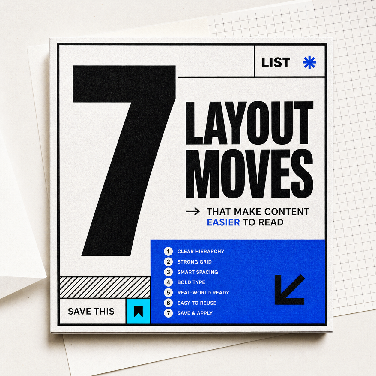 Numbered list cover mockup with a large number, bold title, blue accent block, and editorial paper texture.