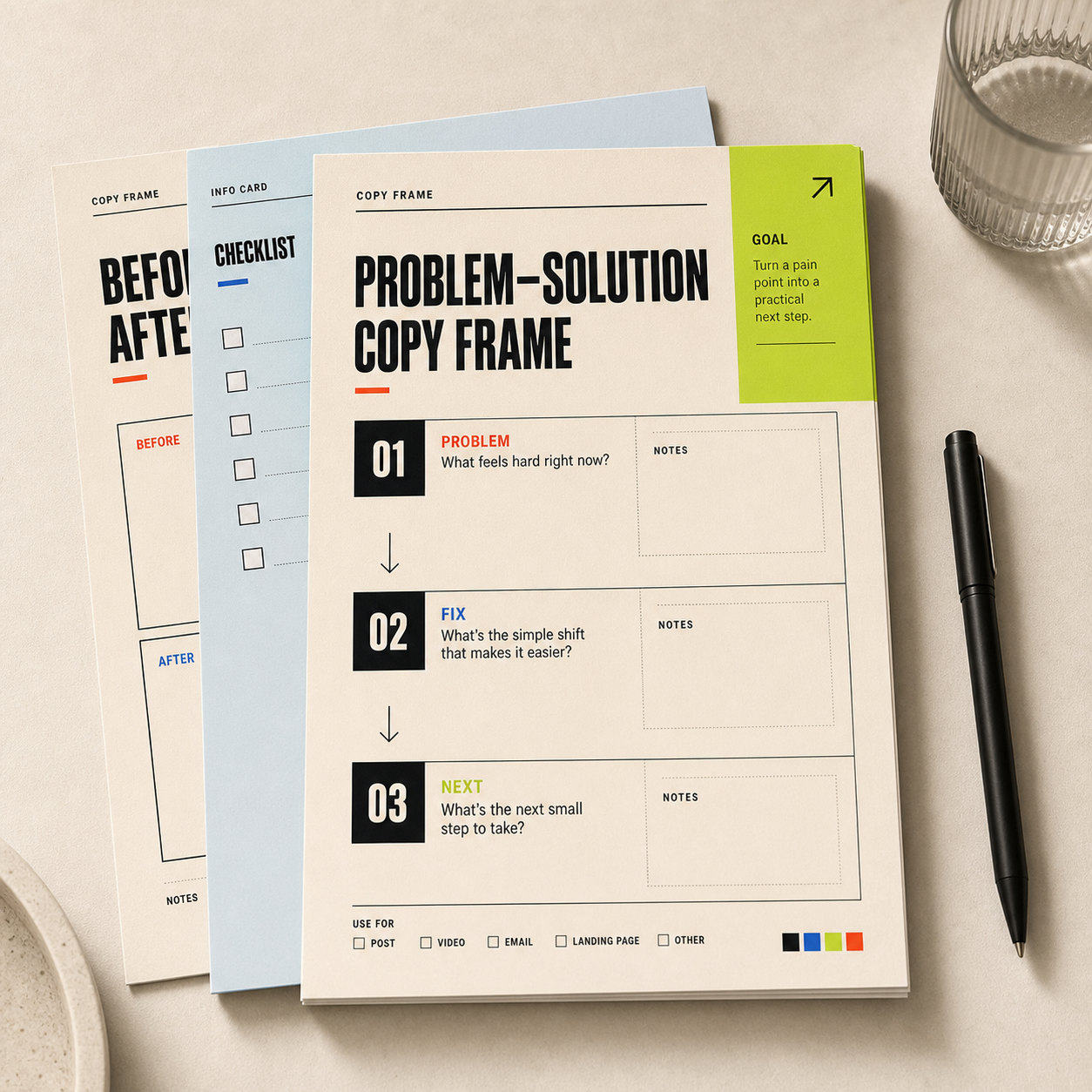 Problem-solution copy framework worksheet mockup with numbered sections.