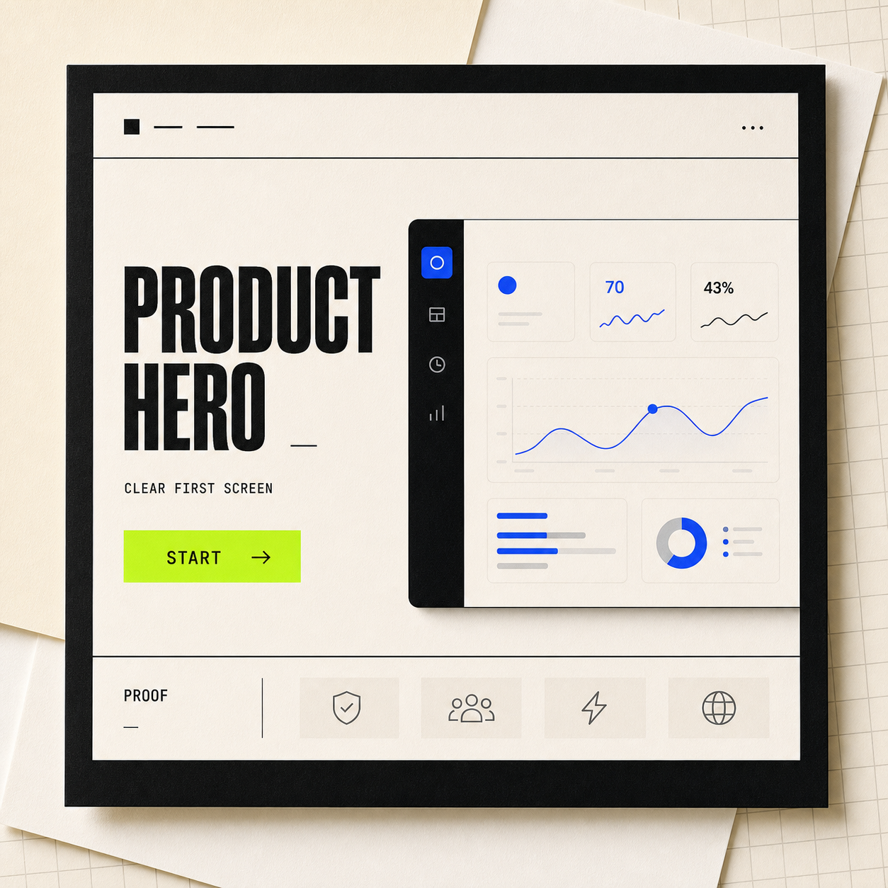Product hero section moodboard mockup with bold headline, product panel, proof strip, and lime call-to-action.