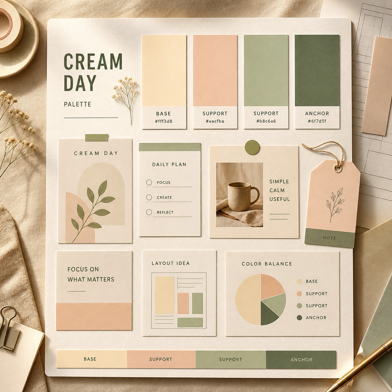 Soft cream palette moodboard mockup with cream, blush, sage, and muted green-gray design cards.
